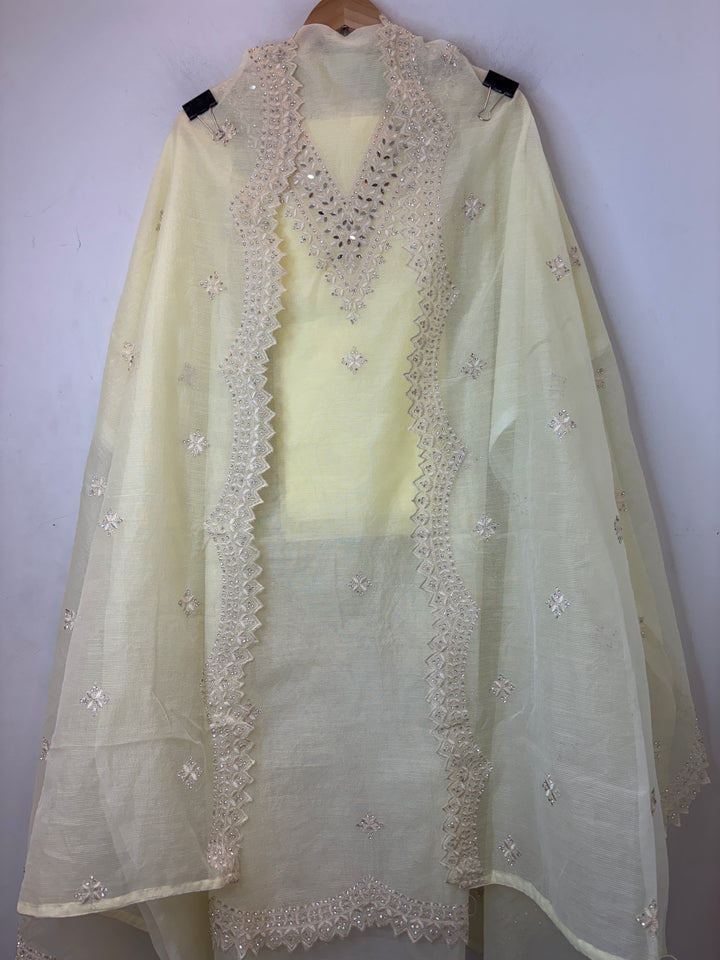 Yellow Kota Fabric Suit Set with Mirror &amp; Thread Work Detailing
