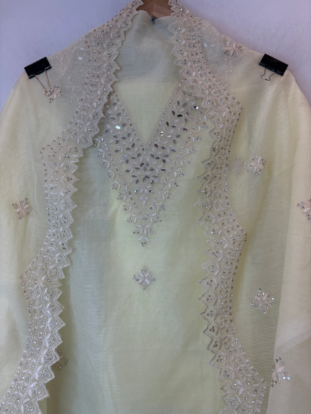 Yellow Kota Fabric Suit Set with Mirror &amp; Thread Work Detailing