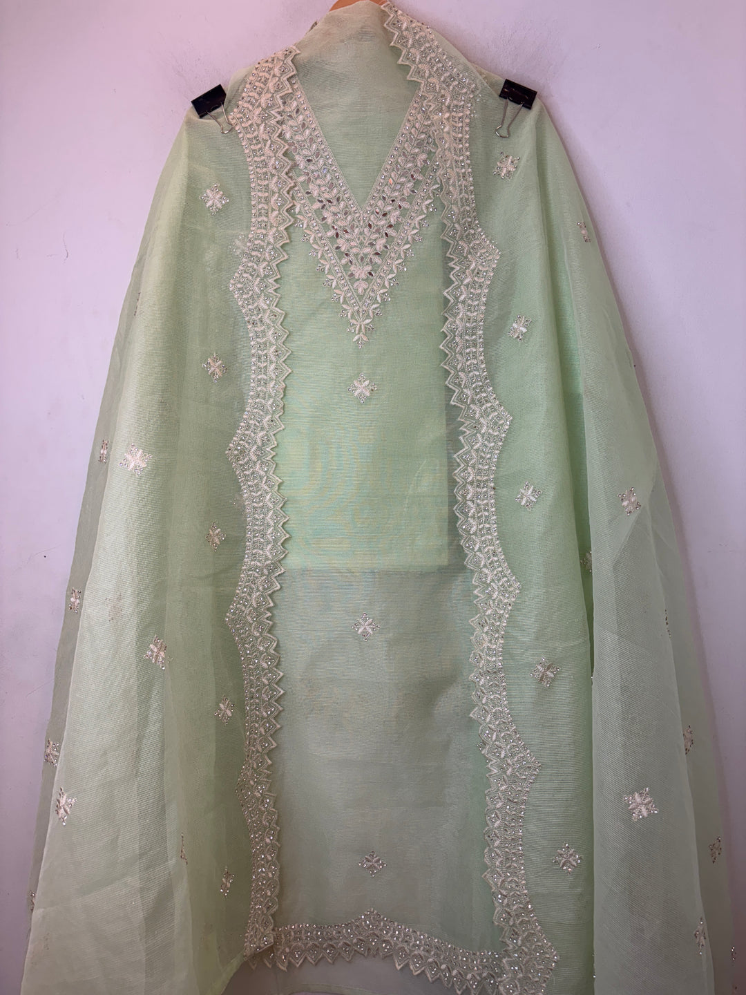 Green Kota Fabric Suit Set with Mirror &amp; Thread Work Detailing