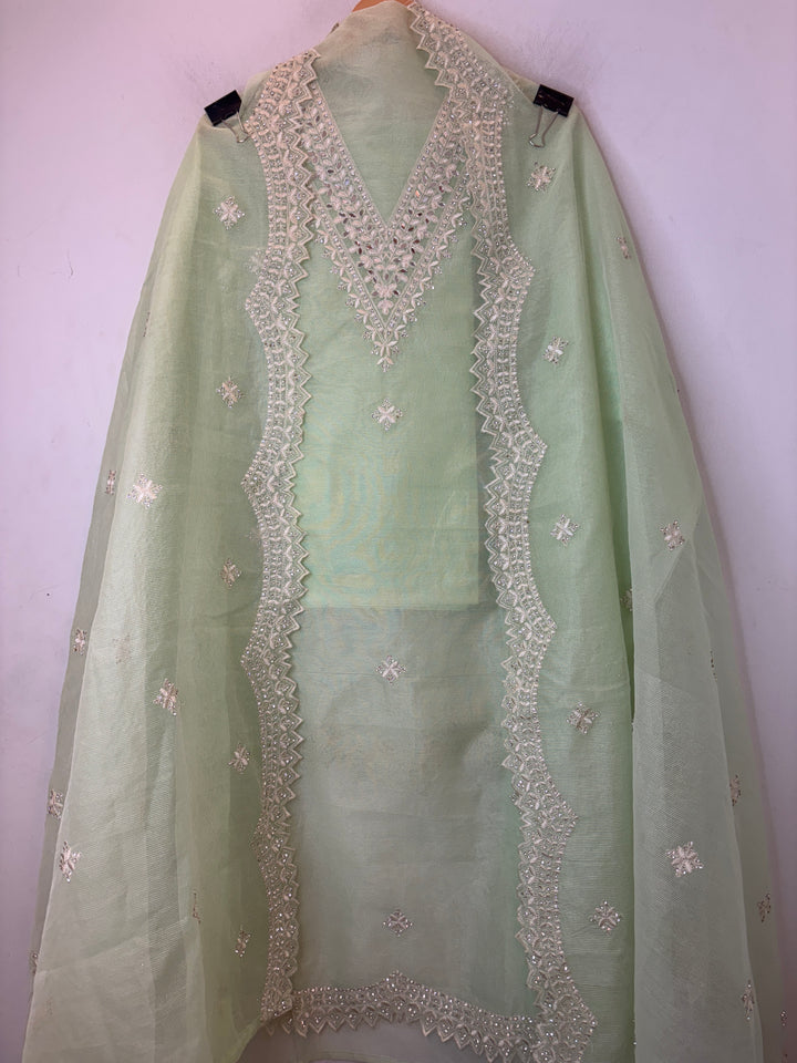 Green Kota Fabric Suit Set with Mirror &amp; Thread Work Detailing