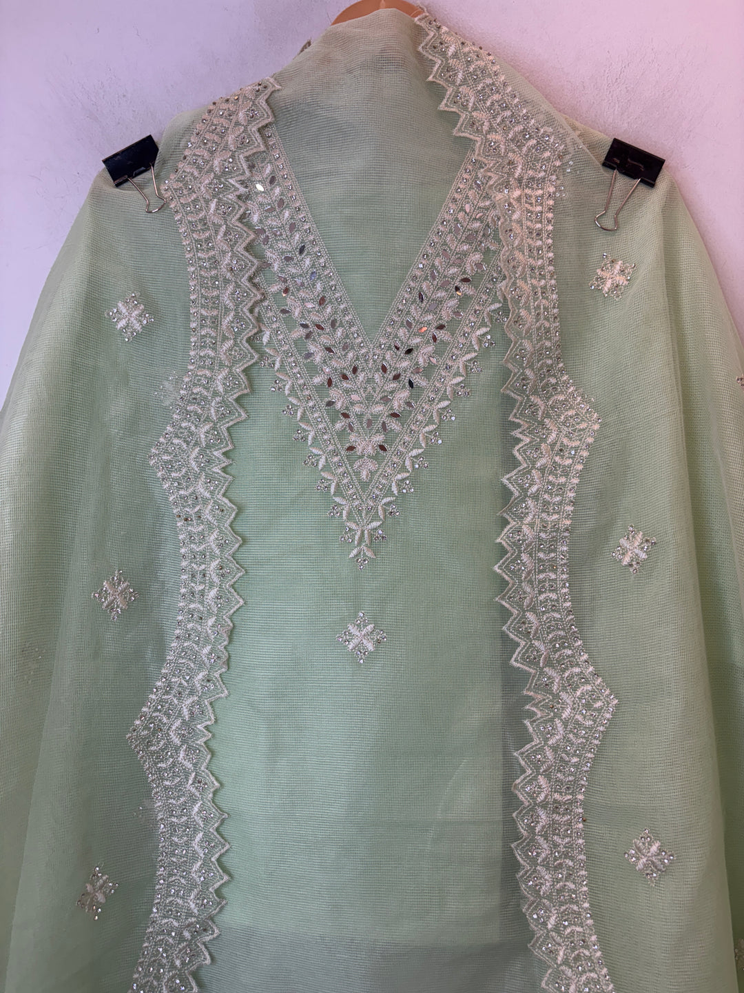 Green Kota Fabric Suit Set with Mirror &amp; Thread Work Detailing