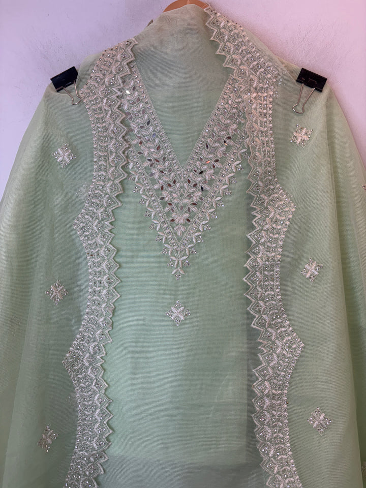 Green Kota Fabric Suit Set with Mirror &amp; Thread Work Detailing