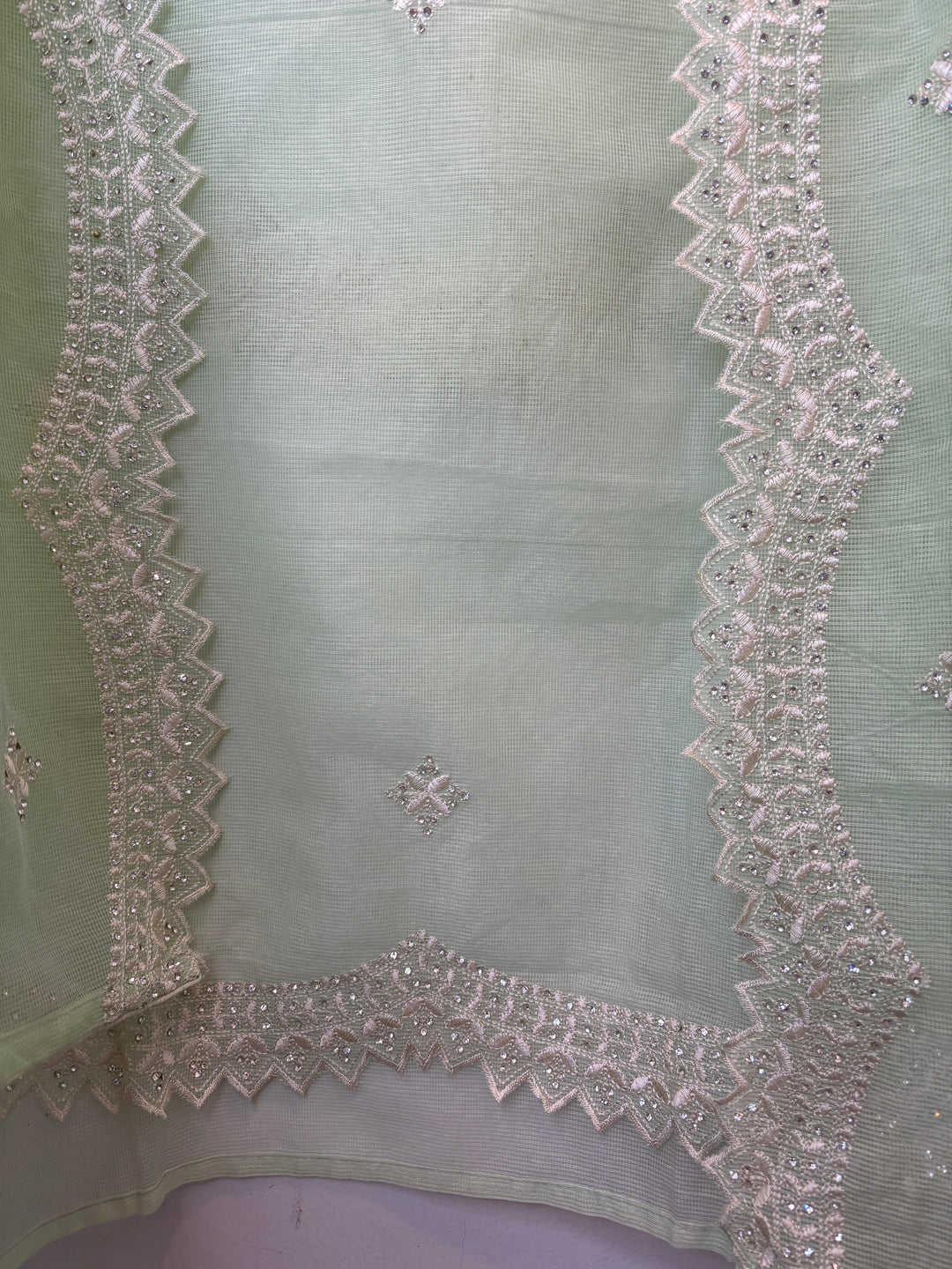Green Kota Fabric Suit Set with Mirror &amp; Thread Work Detailing