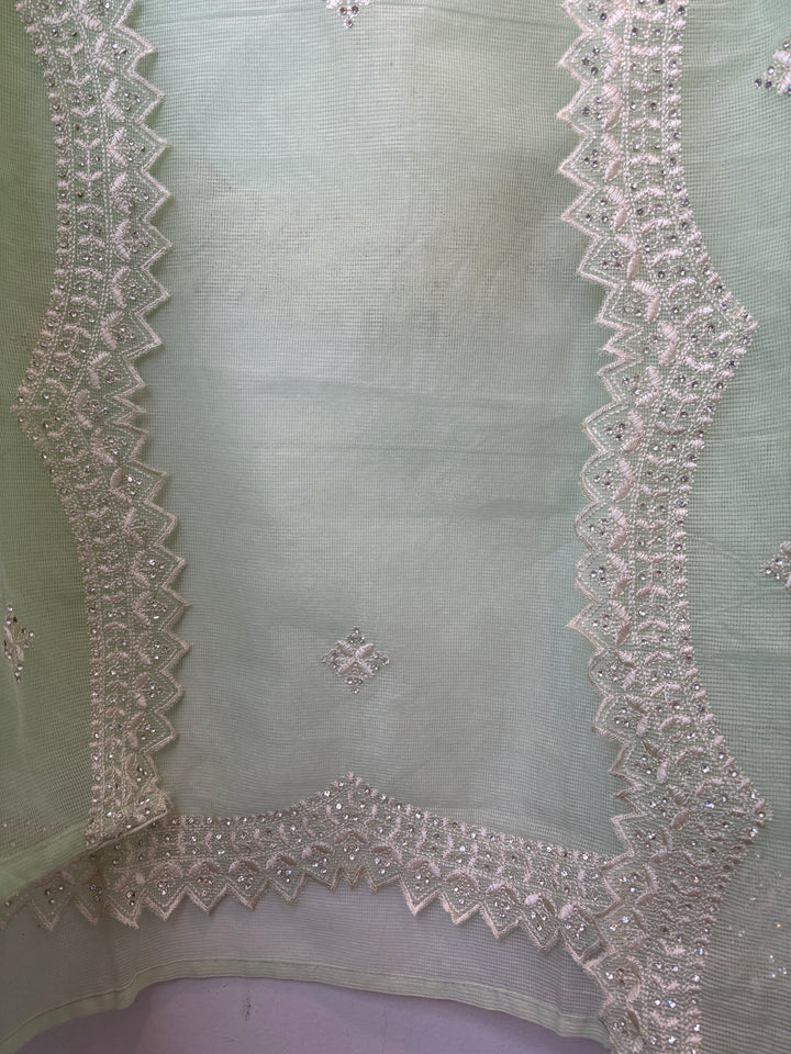 Green Kota Fabric Suit Set with Mirror &amp; Thread Work Detailing