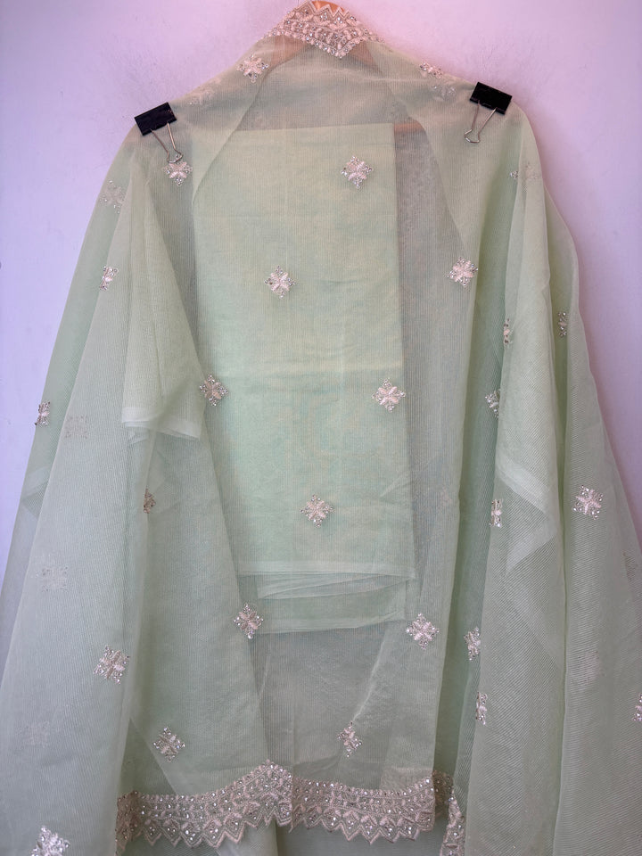 Green Kota Fabric Suit Set with Mirror &amp; Thread Work Detailing