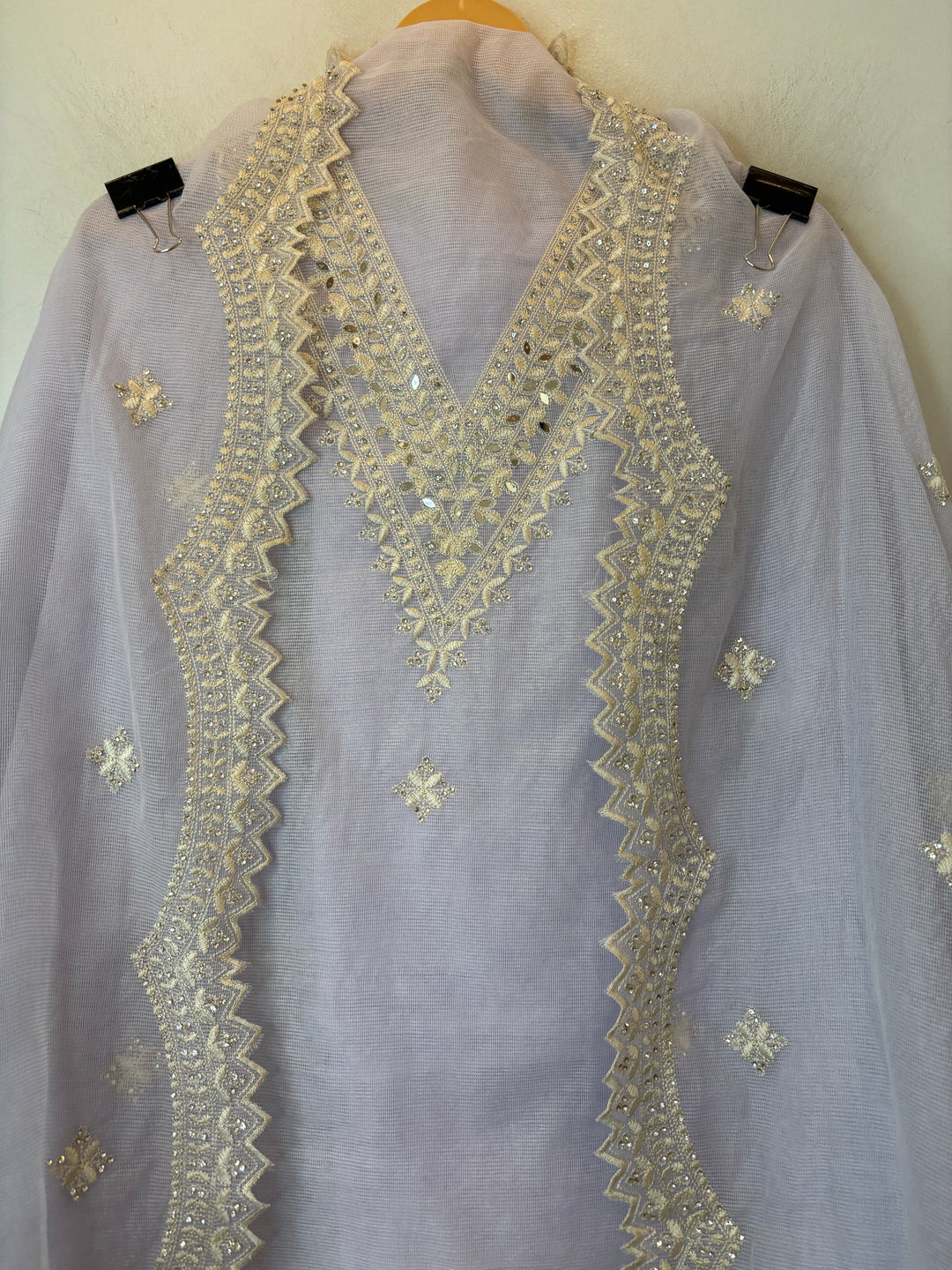Lavender Kota Fabric Suit Set with Mirror &amp; Thread Work Detailing