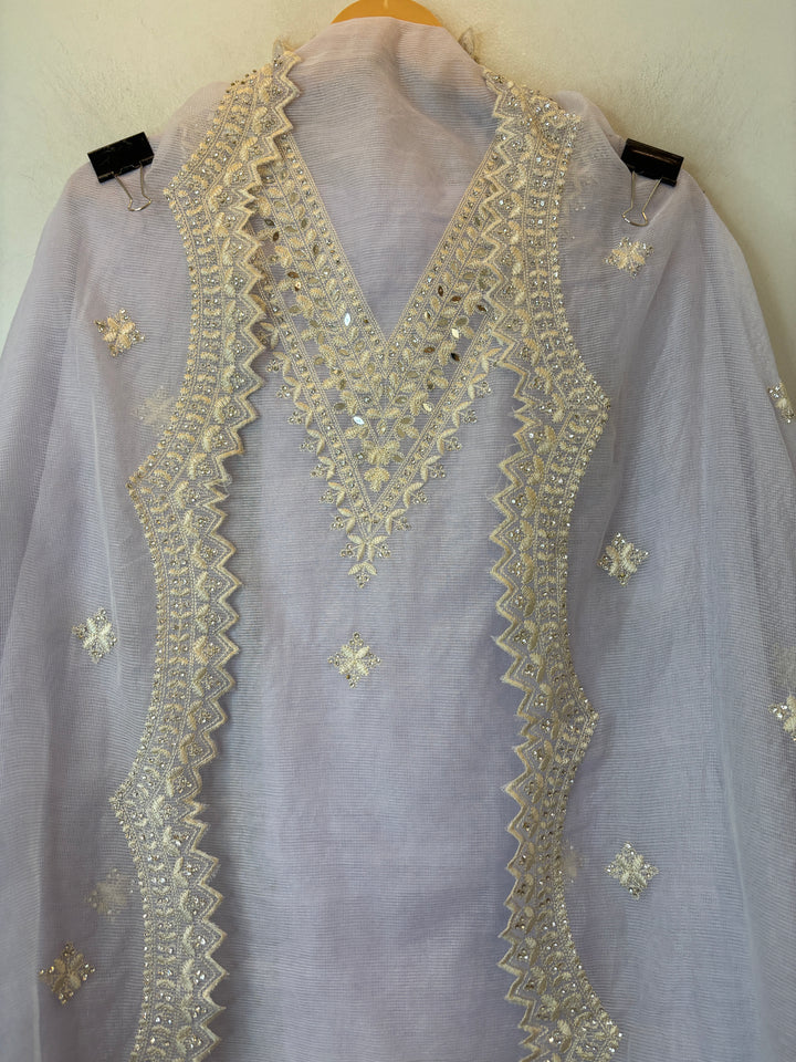 Lavender Kota Fabric Suit Set with Mirror &amp; Thread Work Detailing