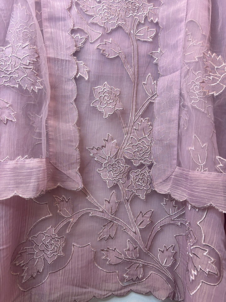 Dusty Mauve Tissue Organza Appliqué Suit Set with Cutwork Detailing