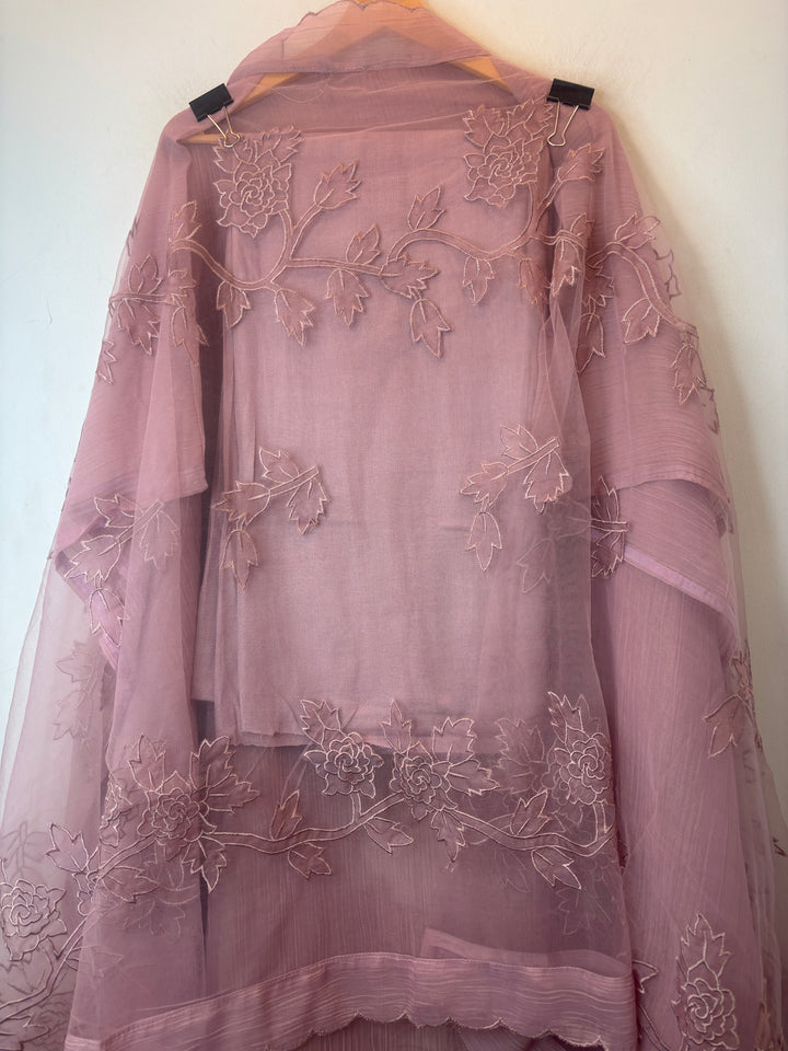 Dusty Pink Tissue Organza Appliqué Suit Set with Cutwork Detailing