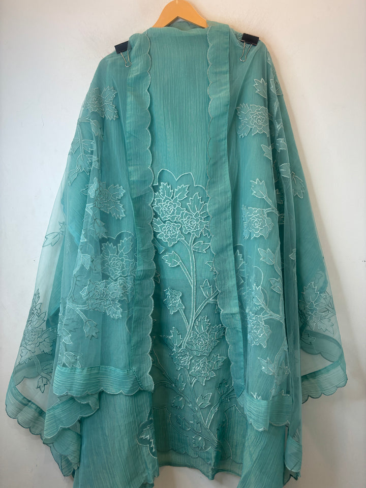 Blue Tissue Organza Appliqué Suit Set with Cutwork Detailing