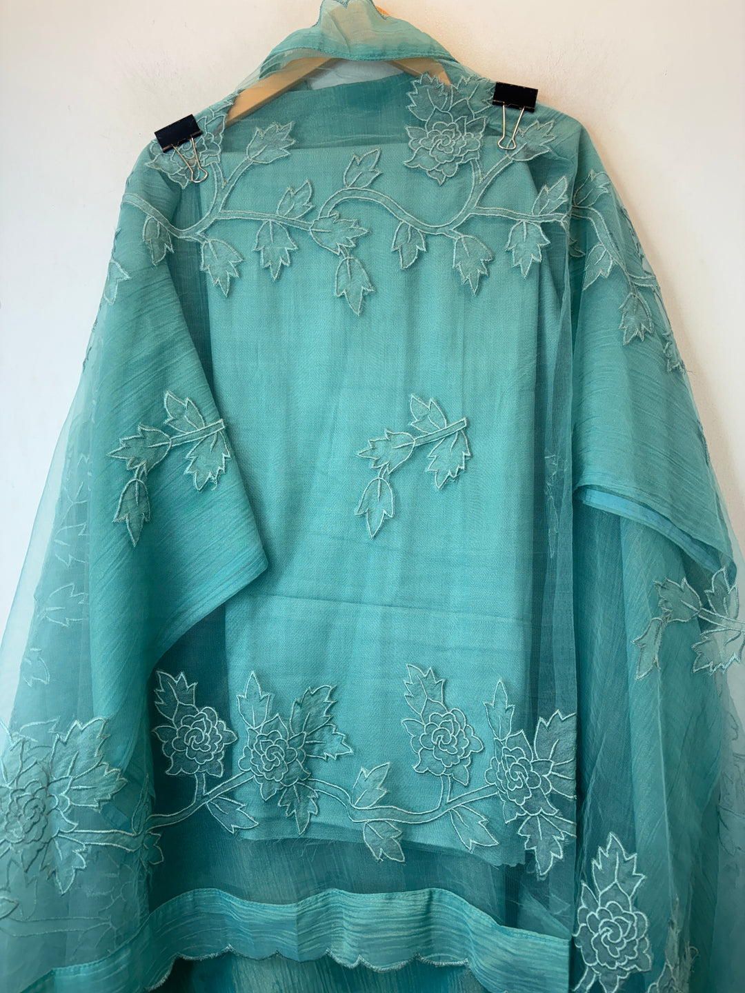 Blue Tissue Organza Appliqué Suit Set with Cutwork Detailing