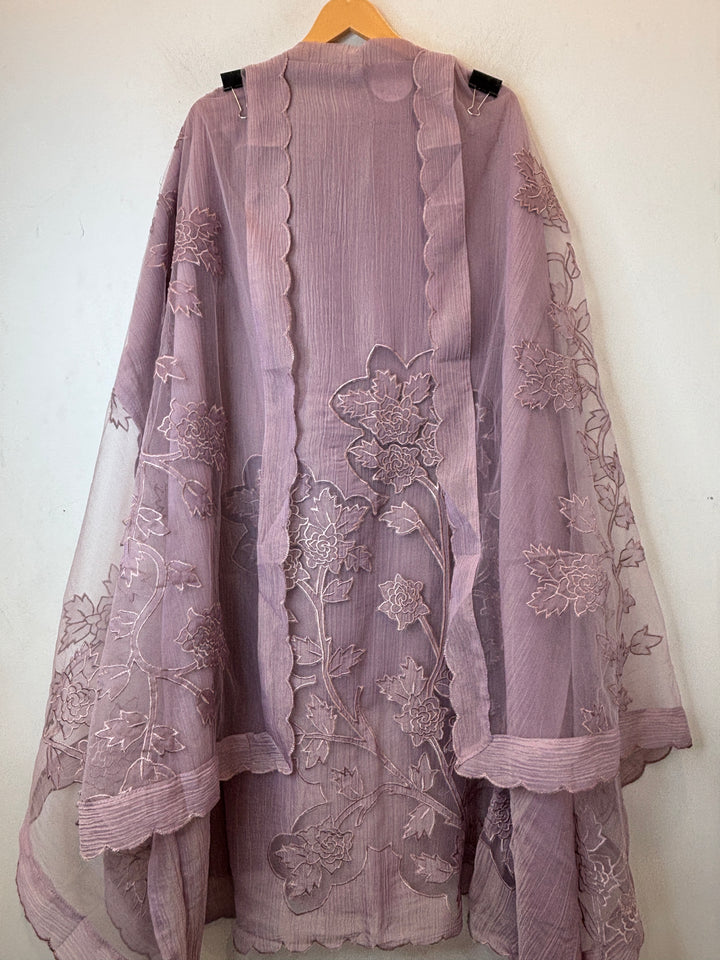 Dusty Pink Tissue Organza Appliqué Suit Set with Cutwork Detailing