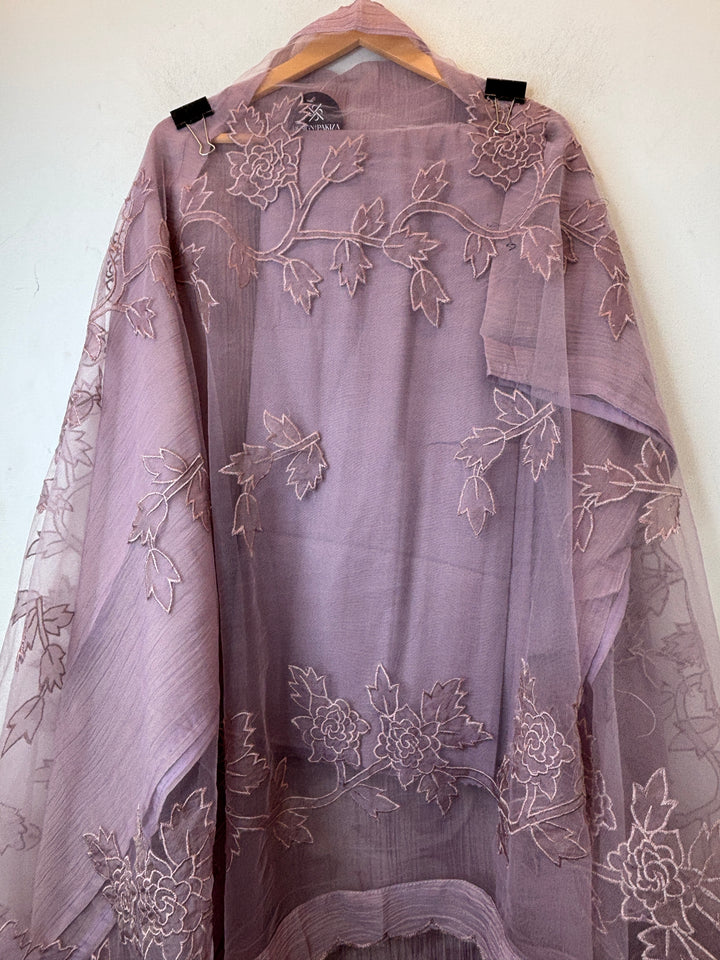 Dusty Mauve Tissue Organza Appliqué Suit Set with Cutwork Detailing