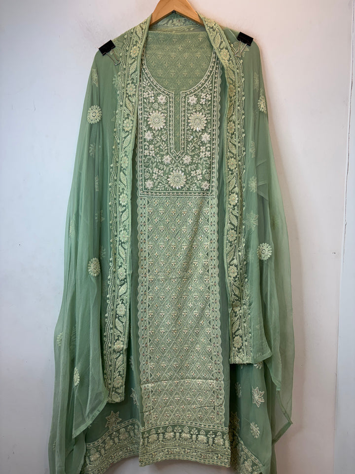 Green Georgette Embroidered Suit Set with 3D Floral &amp; Zari Work
