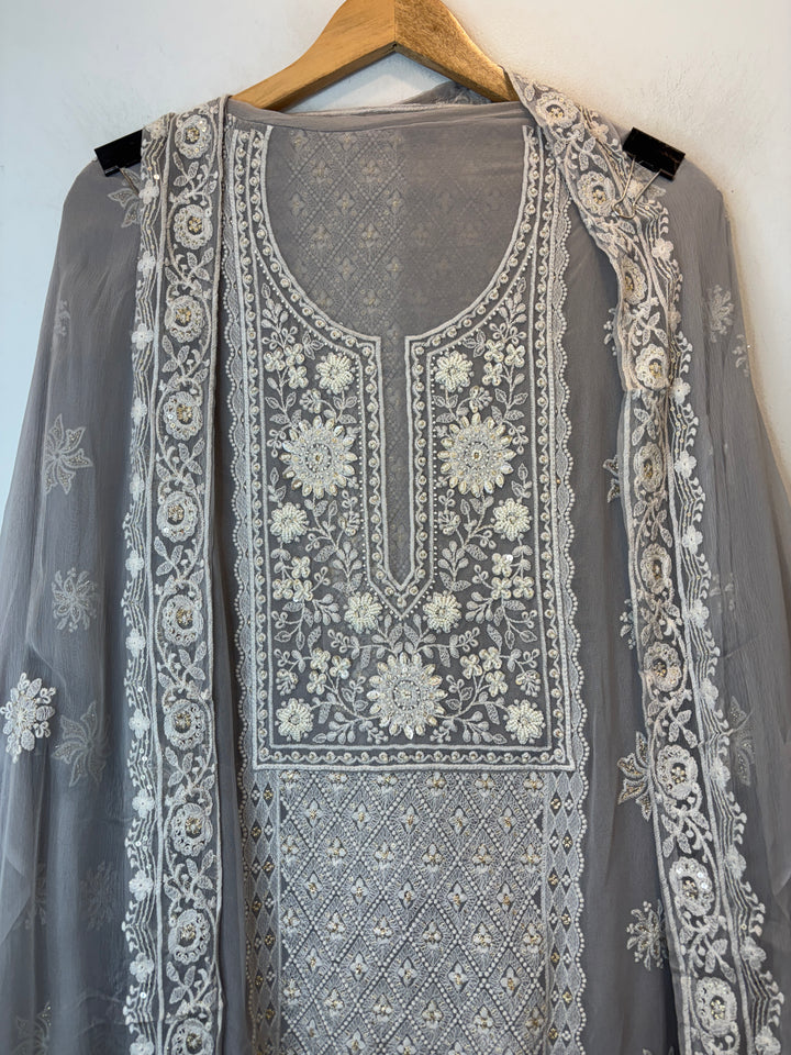Grey Georgette Embroidered Suit Set with 3D Floral &amp; Zari Work