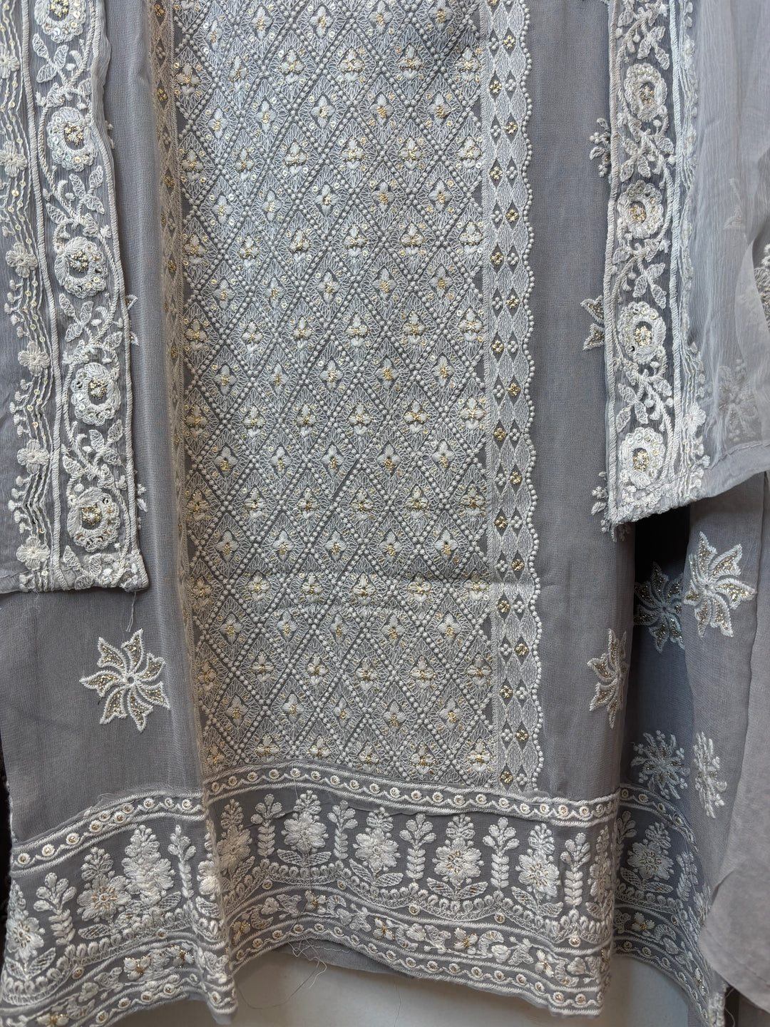 Grey Georgette Embroidered Suit Set with 3D Floral &amp; Zari Work