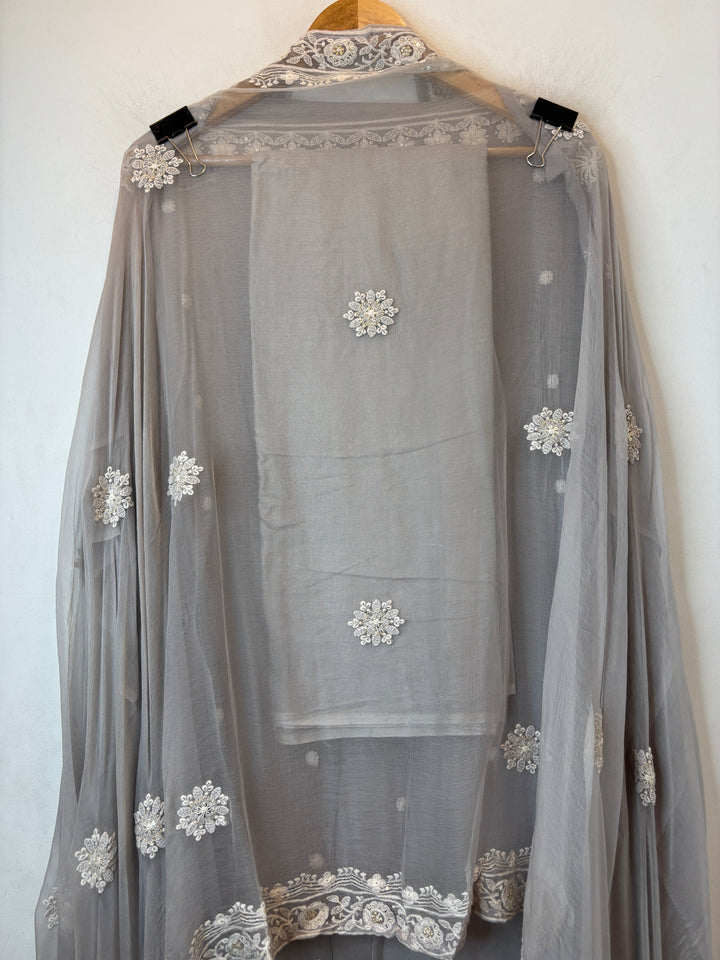 Grey Georgette Embroidered Suit Set with 3D Floral &amp; Zari Work