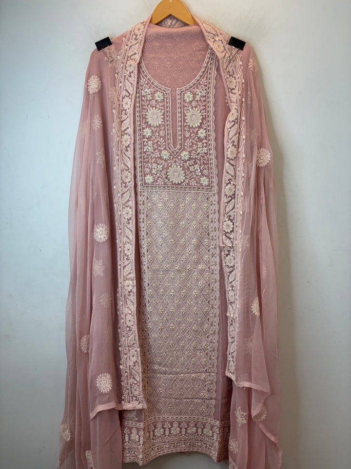 Peach Georgette Embroidered Suit Set with 3D Floral &amp; Zari Work