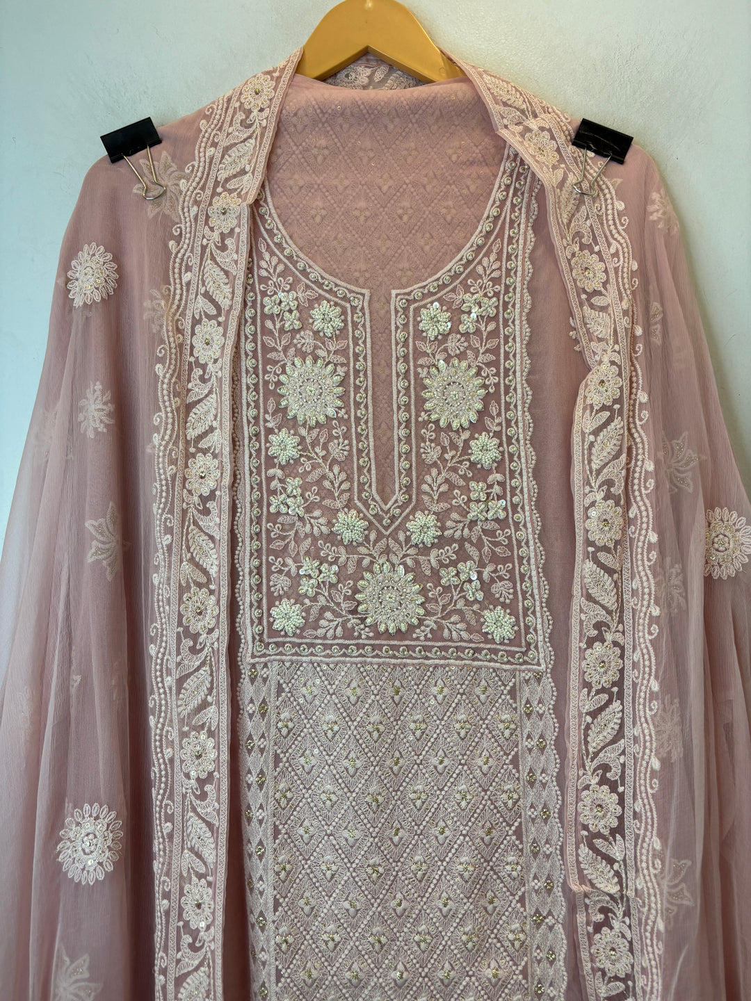 Peach Georgette Embroidered Suit Set with 3D Floral &amp; Zari Work