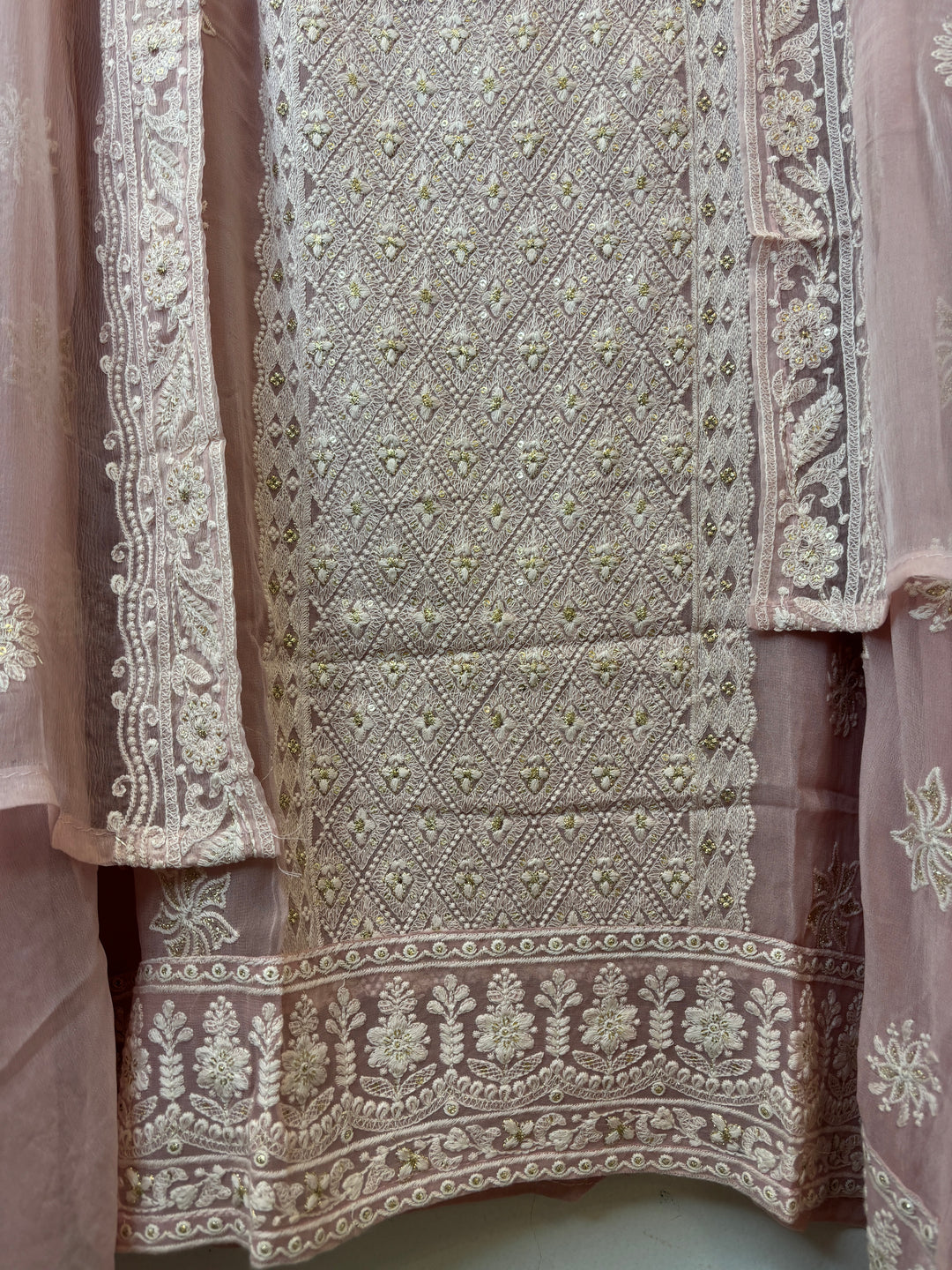 Peach Georgette Embroidered Suit Set with 3D Floral &amp; Zari Work