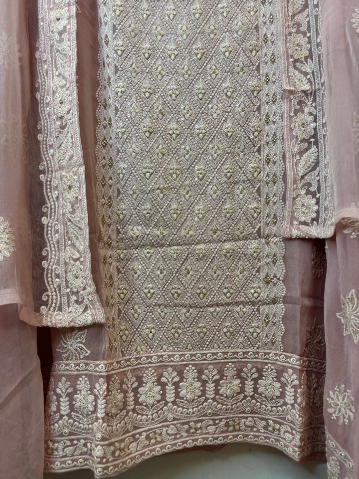 Peach Georgette Embroidered Suit Set with 3D Floral &amp; Zari Work