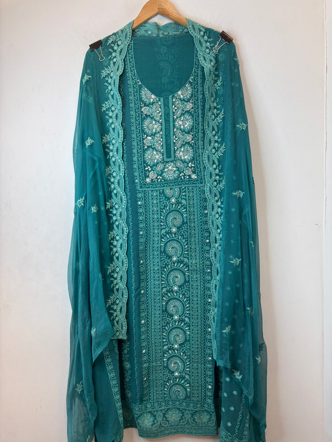 Teal Blue Georgette Embroidered Suit Set with Cutdana, Pearl &amp; Zari Work