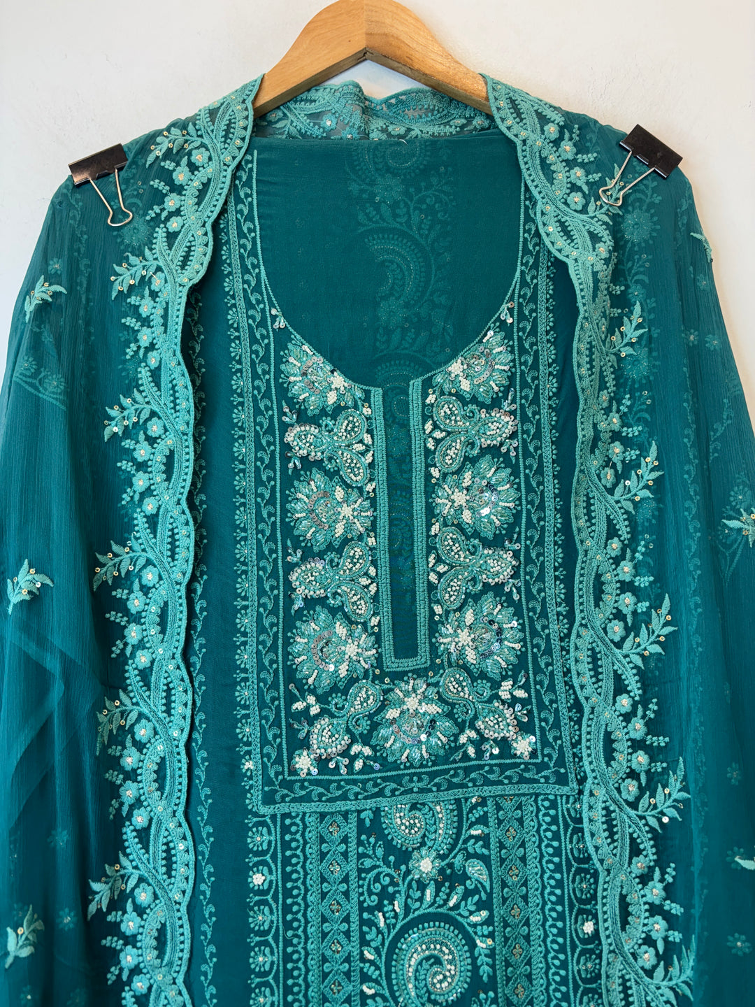 Teal Blue Georgette Embroidered Suit Set with Cutdana, Pearl &amp; Zari Work