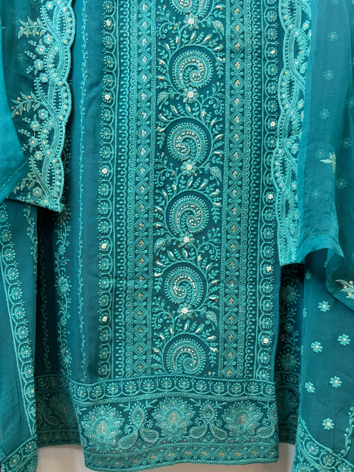 Teal Blue Georgette Embroidered Suit Set with Cutdana, Pearl &amp; Zari Work