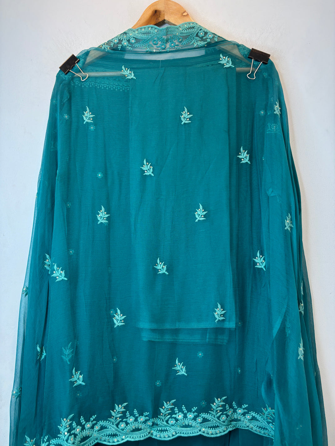 Teal Blue Georgette Embroidered Suit Set with Cutdana, Pearl &amp; Zari Work