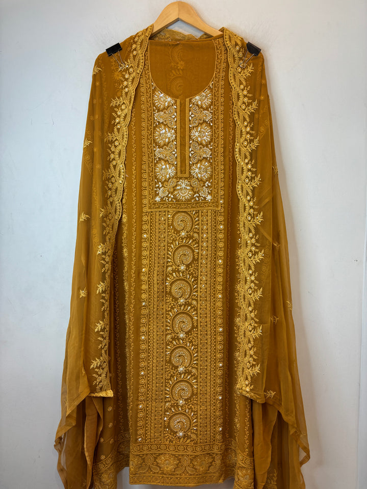 Yellow Georgette Embroidered Suit Set with Cutdana, Pearl &amp; Zari Work