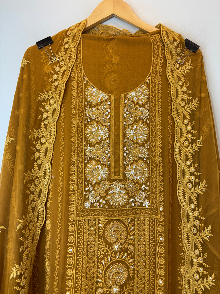 Yellow Georgette Embroidered Suit Set with Cutdana, Pearl &amp; Zari Work