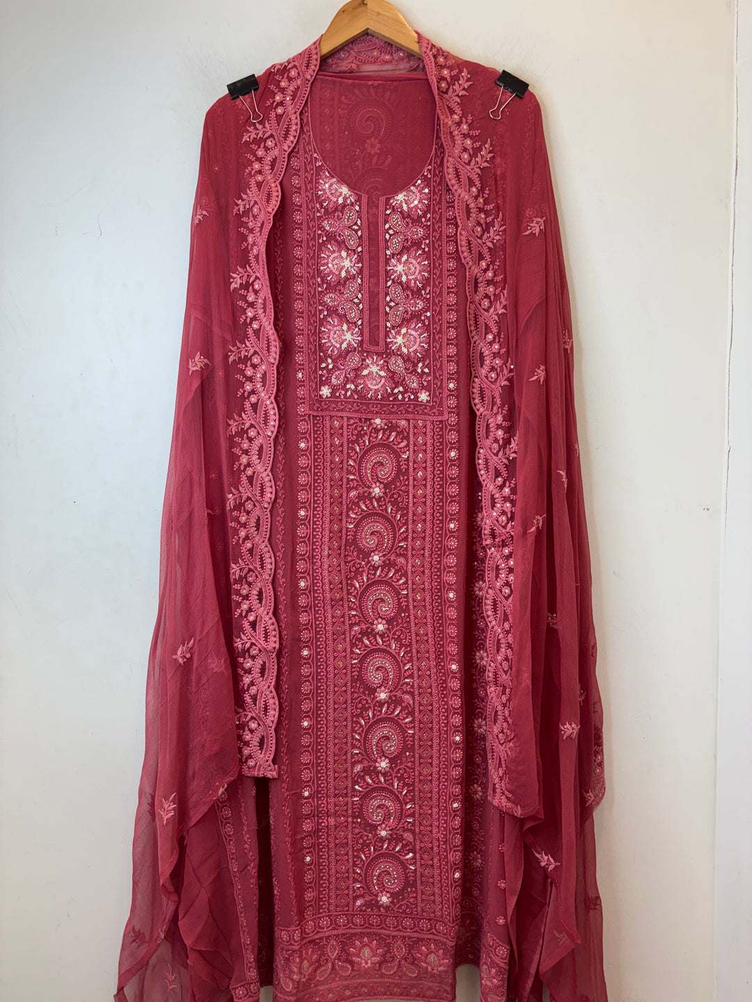 Peach Gajri Georgette Embroidered Suit Set with Cutdana, Pearl &amp; Zari Work