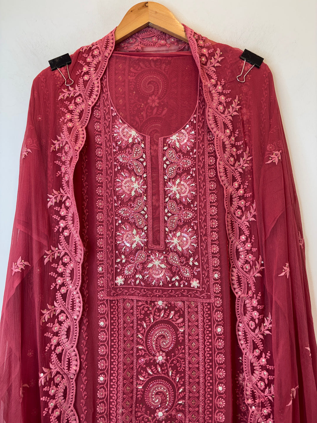 Peach Gajri Georgette Embroidered Suit Set with Cutdana, Pearl &amp; Zari Work