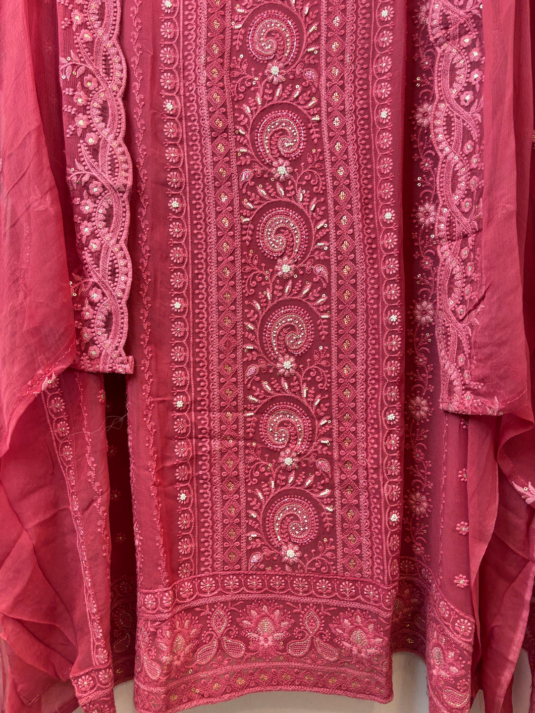 Peach Gajri Georgette Embroidered Suit Set with Cutdana, Pearl &amp; Zari Work