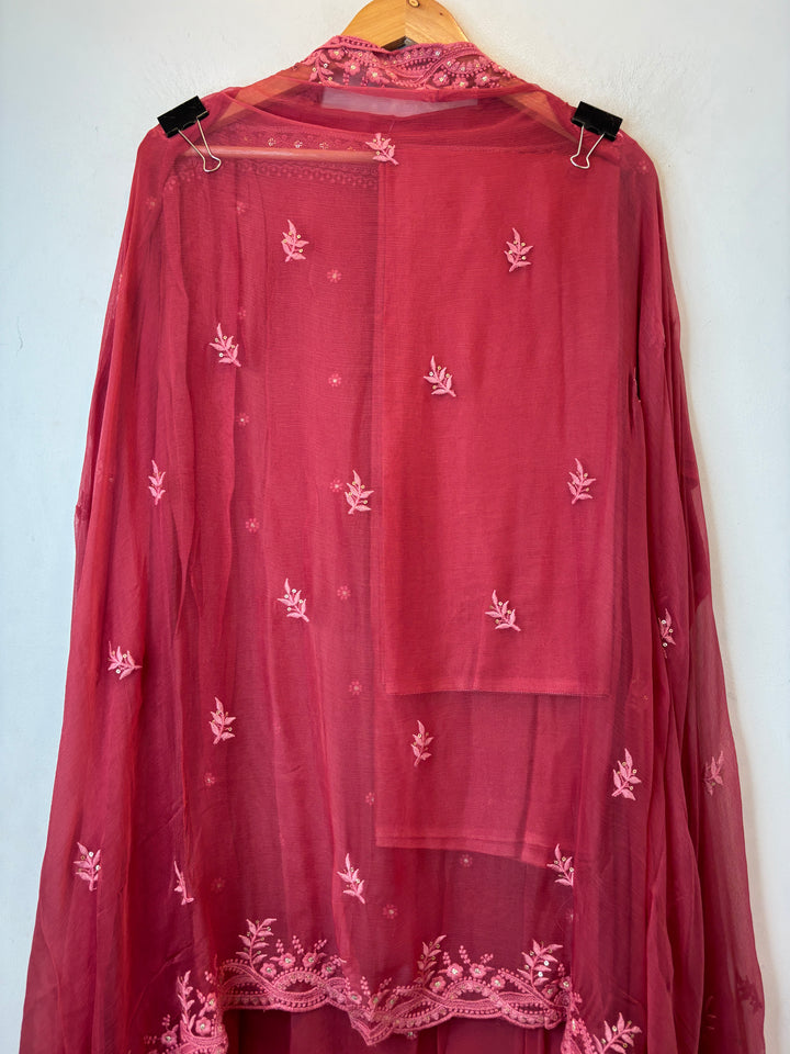 Peach Gajri Georgette Embroidered Suit Set with Cutdana, Pearl &amp; Zari Work