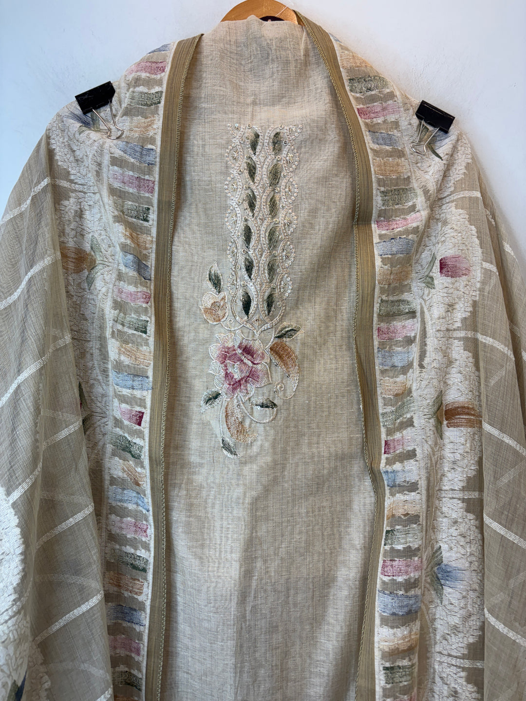 Jamdani Cotton Suit Set with Sequin Embroidery &amp; Lace Detailing