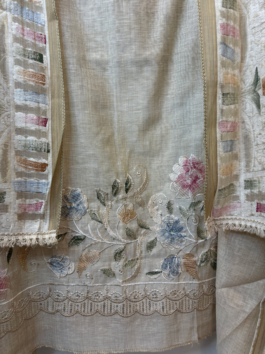 Jamdani Cotton Suit Set with Sequin Embroidery &amp; Lace Detailing