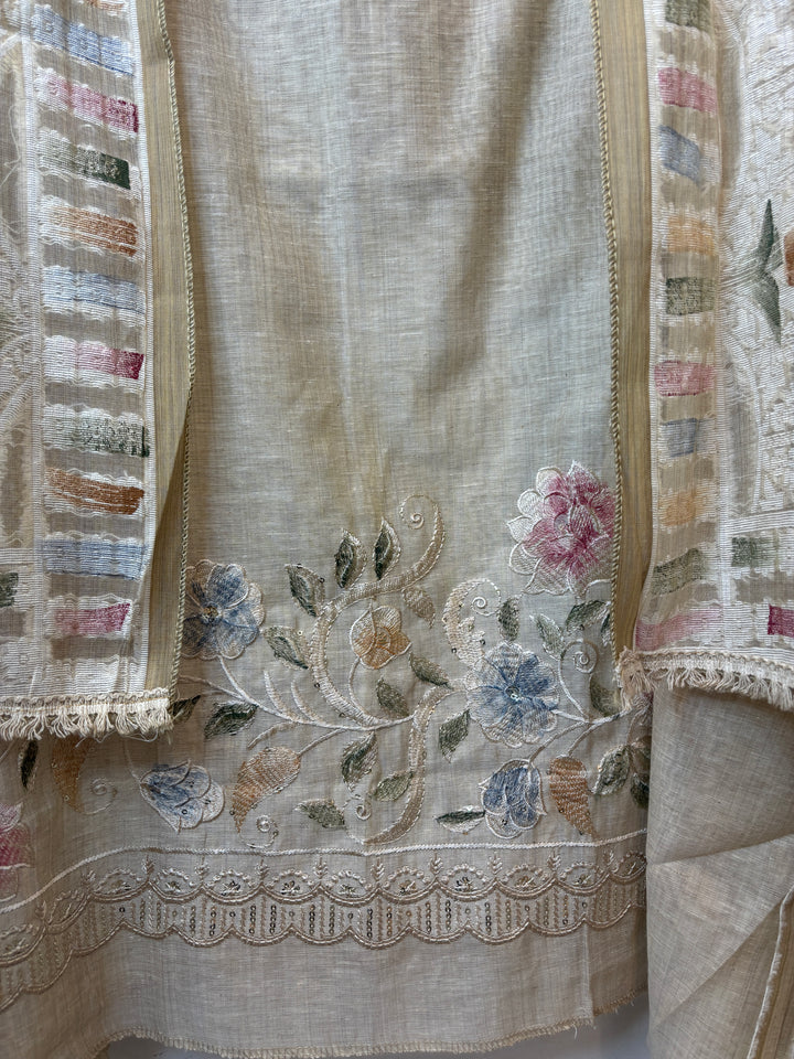 Jamdani Cotton Suit Set with Sequin Embroidery &amp; Lace Detailing