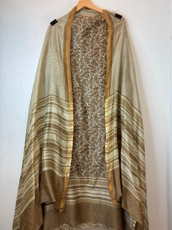 Golden Maheshwari Fabric Suit Set with Print