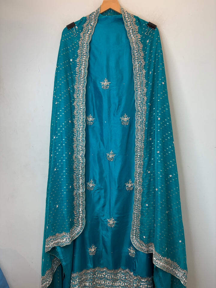 Teal Blue Silk Suit Set with Cutdana Sequin Work &amp; Organza Dupatta