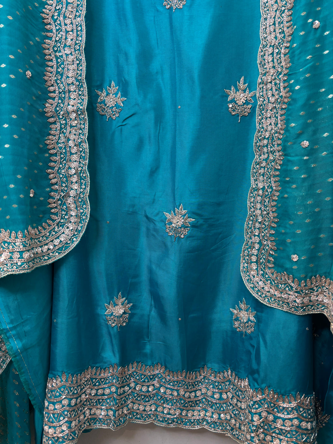 Teal Blue Silk Suit Set with Cutdana Sequin Work &amp; Organza Dupatta