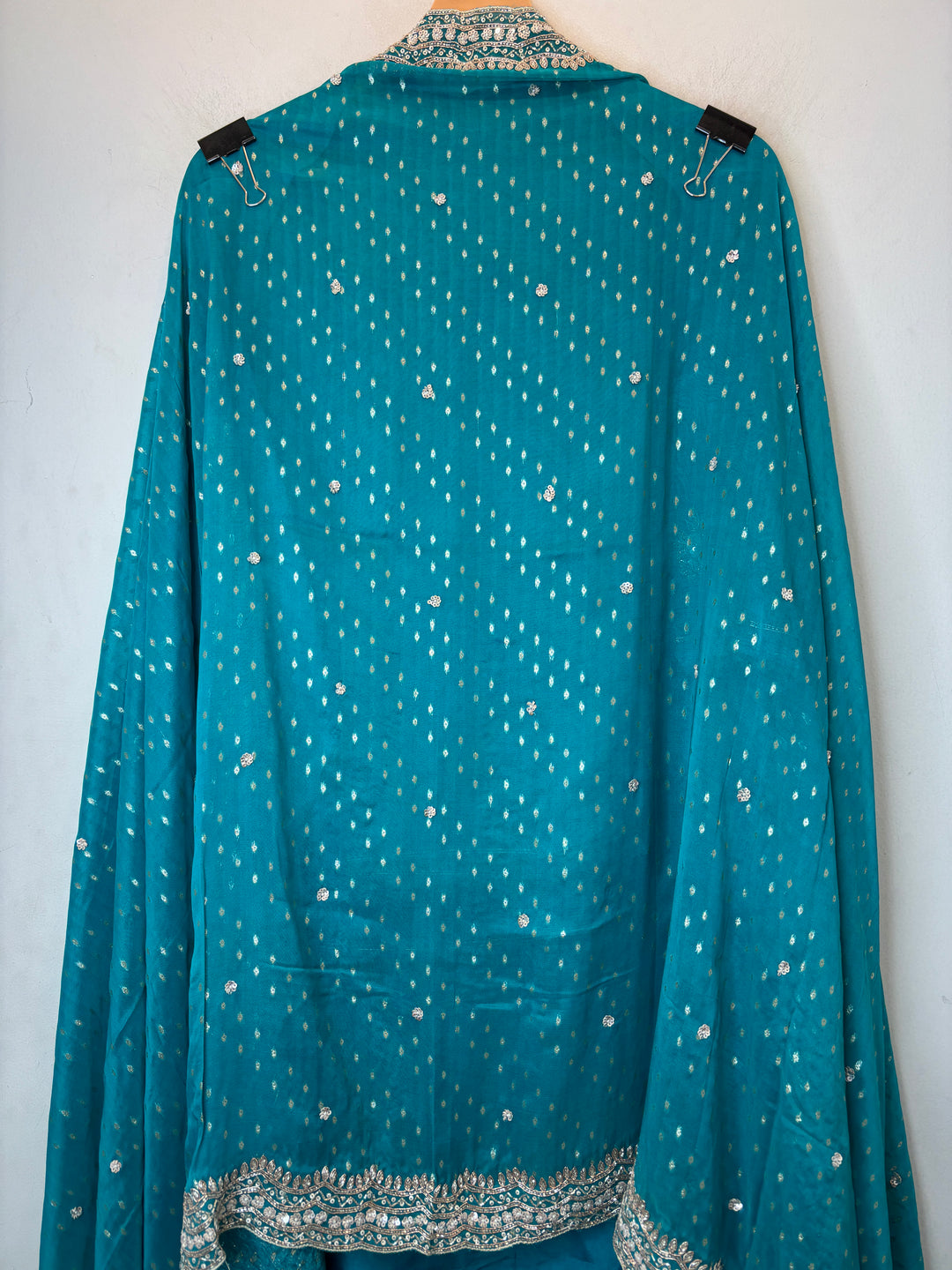 Teal Blue Silk Suit Set with Cutdana Sequin Work &amp; Organza Dupatta