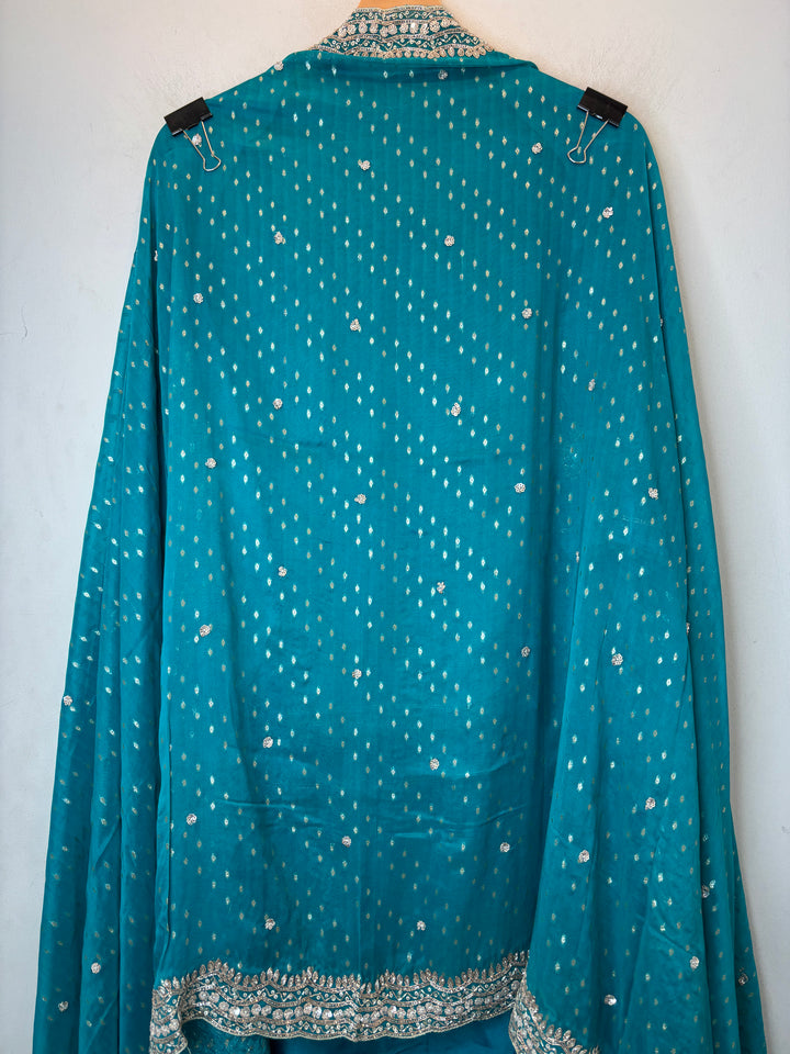 Teal Blue Silk Suit Set with Cutdana Sequin Work &amp; Organza Dupatta