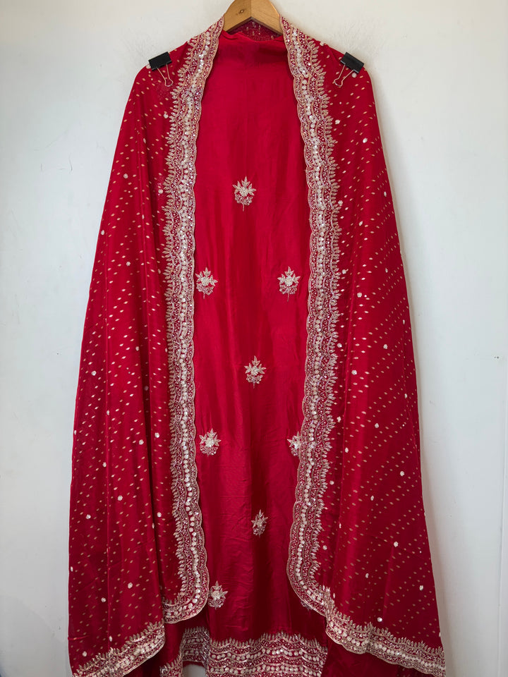 Red Silk Suit Set with Cutdana Sequin Work &amp; Organza Dupatta