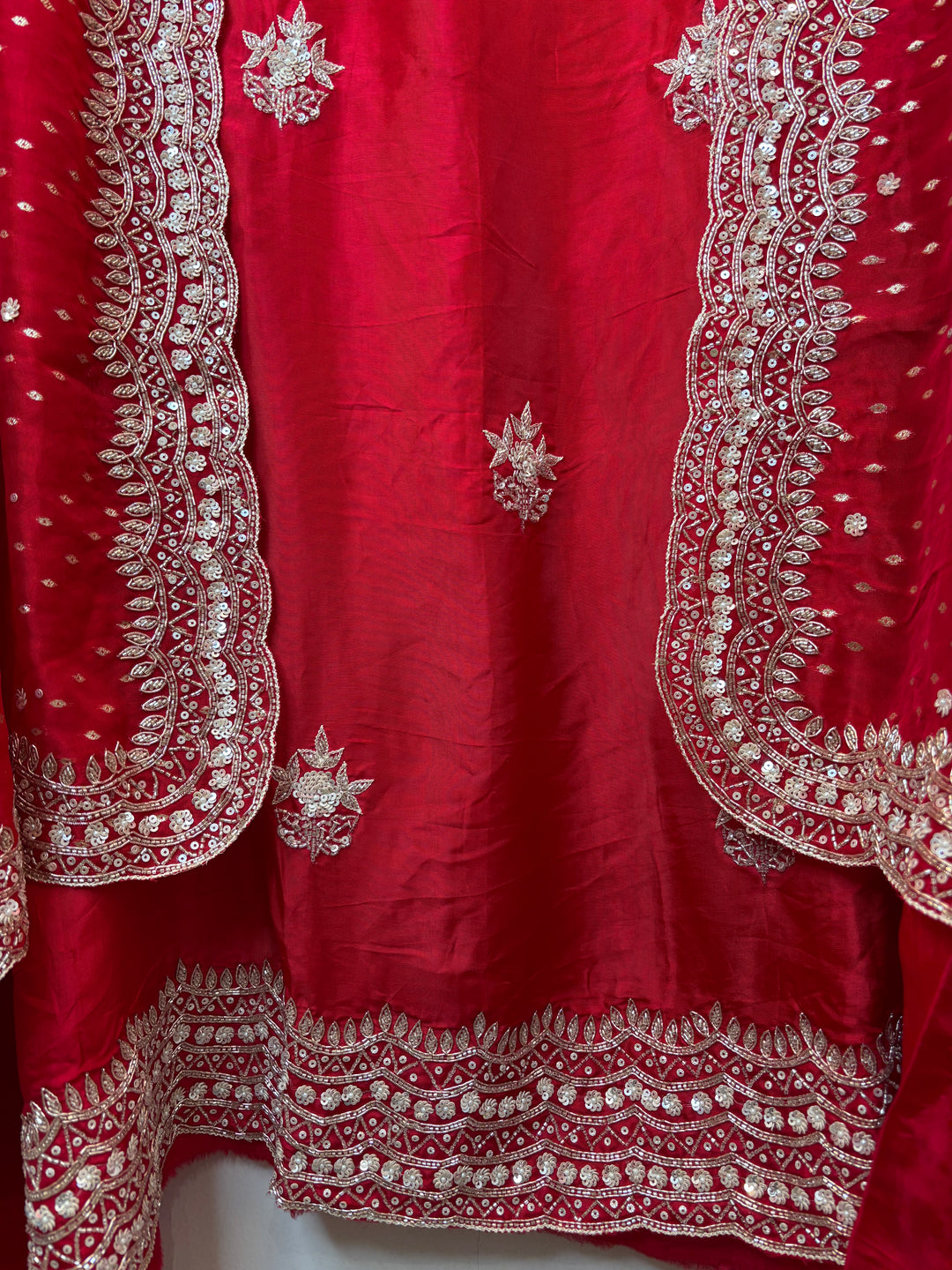 Red Silk Suit Set with Cutdana Sequin Work &amp; Organza Dupatta