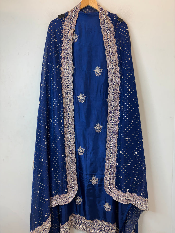 Blue Silk Suit Set with Cutdana Sequin Work &amp; Organza Dupatta