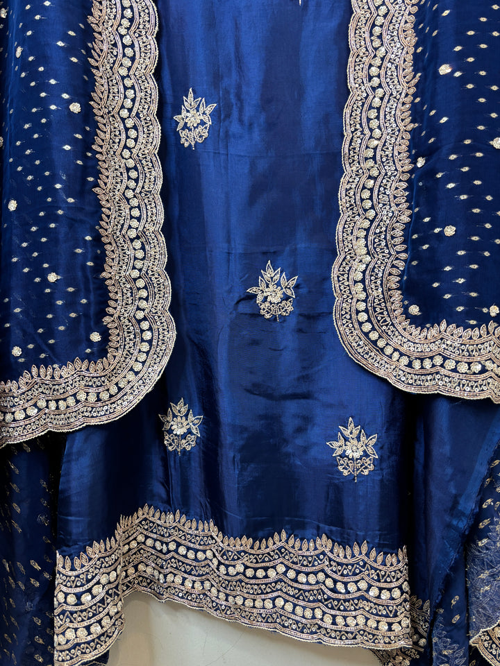 Blue Silk Suit Set with Cutdana Sequin Work &amp; Organza Dupatta
