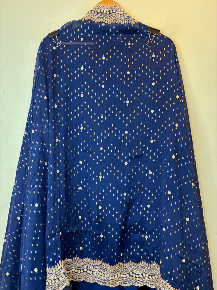 Blue Silk Suit Set with Cutdana Sequin Work &amp; Organza Dupatta