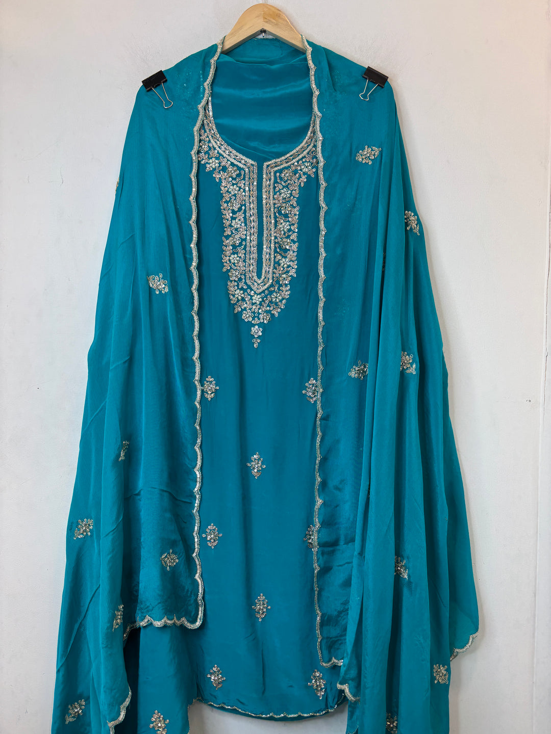 Till Blue Crepe Suit Set with Cutdana, Dabka &amp; Chinon Dupatta