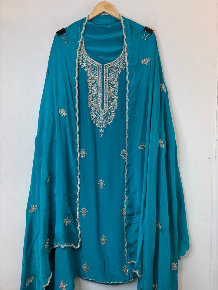 Till Blue Crepe Suit Set with Cutdana, Dabka &amp; Chinon Dupatta